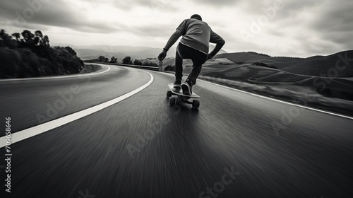 Black and white shot of a guy skating dangerously on the road. Young adult skating through the streets. Modern sports. Proffesional performing a dangerous stunt. Reckless sport.