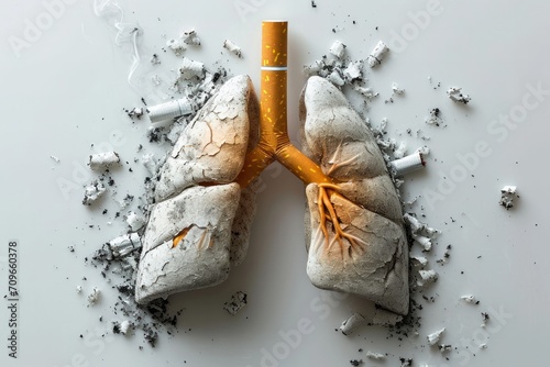 A conceptual image of damaged human lungs with a cigarette wedged between them, surrounded by smoke and embers.