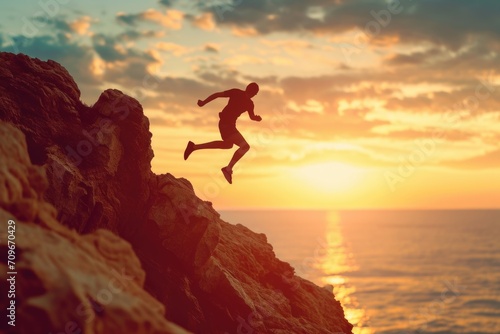 A thrilling image capturing the moment a person jumps off a cliff into the refreshing ocean. Perfect for adventure and adrenaline-themed projects