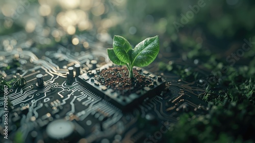 Generative AI, Plant growing from the circuit board. Ecology and environment concept 