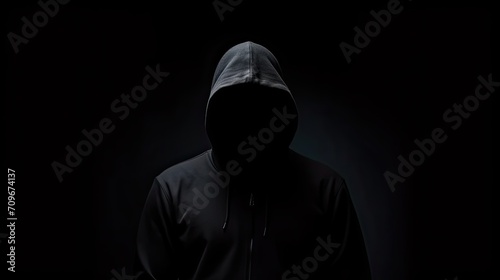 Intriguing image of a mysterious hacker wearing a black hood in the dark, isolated and shrouded in secrecy, evoking a sense of digital danger and cybersecurity threats