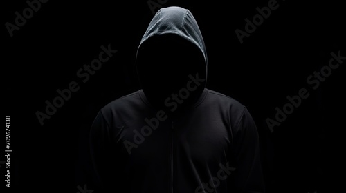A striking silhouette of a hooded person, embodying the enigma of a hacker in the dark, isolated against a black background, evoking a sense of cybersecurity intrigue and danger