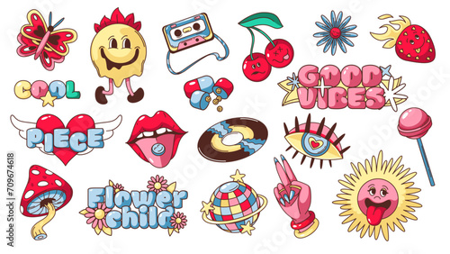 Groovy psychedelic cartoon characters and elements set. Funny retro stickers of magic mushroom and flower, motivational slogan and love heart, cartoon psychedelic mascots of 70s vector illustration