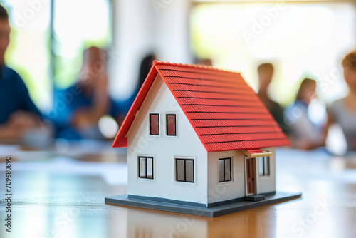 Scale model of a white house with a red roof on a table, with out-of-focus people in the background, great for real estate and insurance concept visuals. High quality illustration