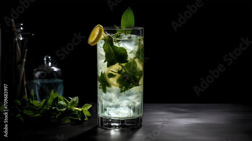 Delicious cocktail with lime and ice in long-drink glasses on a blurred wooden table background. Selective focus image.