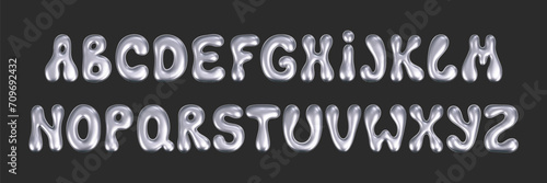 3d chrome liquid font in y2k style isolated on a dark background. Render of 3d metal inflated alphabet with glossy silver effect. 3d vector y2k typography letter.