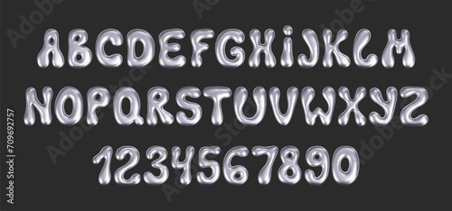 3d chrome liquid font in y2k style isolated on a dark background. Render of 3d metal inflated alphabet and numbers with glossy silver effect. 3d vector y2k typography letter.