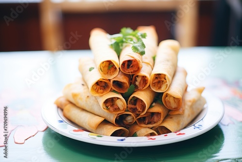 close-up of golden-brown flautas stacked on a plate