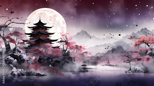 Images of pagodas and Fuji are symbols of Japan. Winter season, using alcohol ink, banner, Power Point presentation. wallpaper and background.