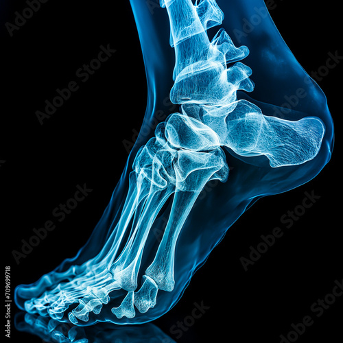X-ray image of human foot, showcasing skeletal structure. 