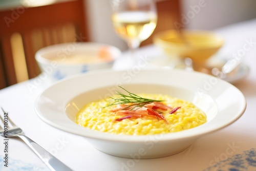 close-up of creamy risotto milanese in white bowl, garnished with saffron