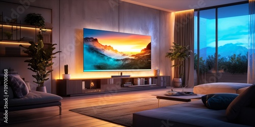 A modern living room at dusk, with warm lighting and a large TV displaying a mountain landscape scene.