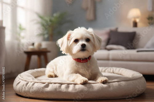 White maltese dog in cozy room