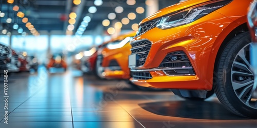 Row of new cars at a dealership, with a focus on a vibrant orange car in the foreground.