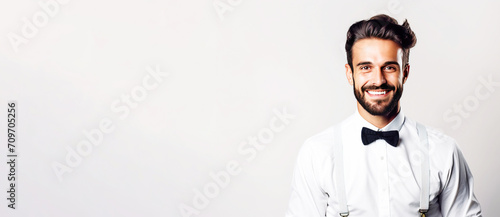 Close-up of a professional smiling male waiter in uniform, white background isolate.