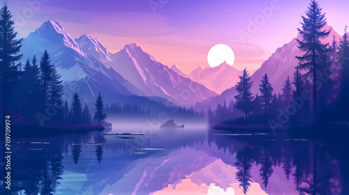 Mountains with beautiful lake and trees, vector color and line art illustration, crisp and clean vector line, flat colors, cell shading, smooth gradient, black contour outline, ultra detailed, pastel 