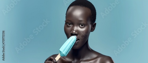 African Yearold Woman Eats Mint Chocolate Chip Ice Cream On Turquoise Background. Сoncept African Woman, Mint Chocolate Chip Ice Cream, Turquoise Background, Ice Cream Lover, Joyful Indulgence