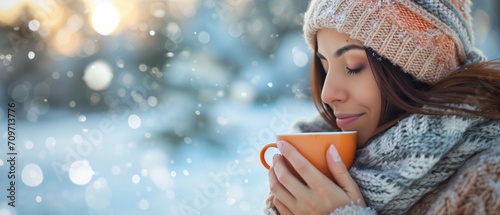 Woman Experiencing Pleasure With A Warm Cup Of Tea In Winter. Сoncept Cozy Winter Vibes, Hot Tea Delights, Warmth And Comfort, Winter Zen
