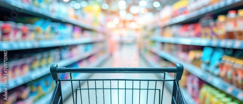 Blurred Background Of Supermarket Aisle With A Shopping Cart And Product Shelves. Сoncept Supermarket Shopping, Blurred Background, Product Shelves, Shopping Cart, Aisle