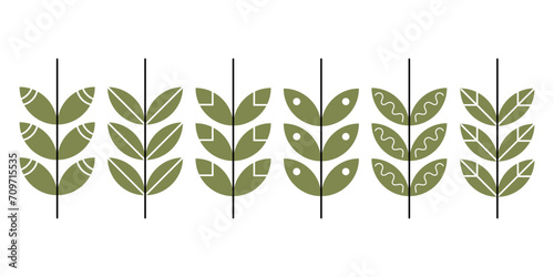 Collection of Scandinavian elements. Vector set. Folk plants in Nordic ethnic style, florals branches twigs isolated on white. Scandi folkloric botanical motif