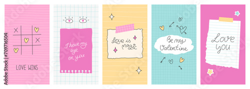 Love messages set in y2k style. Doodle hearts, stars, handwritten text on torn sheet, paper from notebook with stickers. Cool and modern Valentine's Day social media backgrounds. Vector illustration.