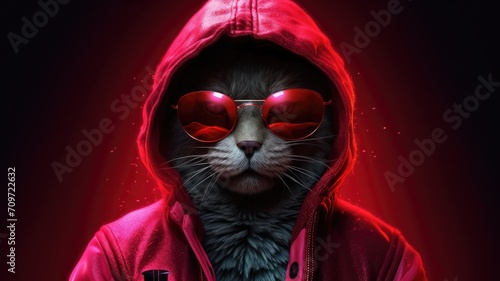 A cat in a hood and glasses looks forward in close-up. Neon style. The cat is a gamer, a hacker.