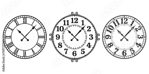 Clock face vintage set. Old wall watch with retro numeral. Antique clock-face design. Vector illustration.