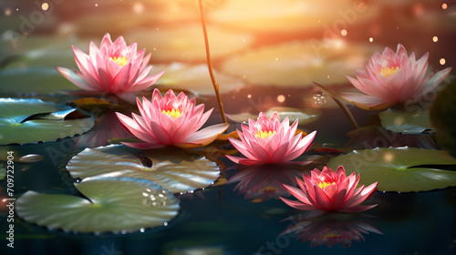Beautiful pink flower water lily, close up sunlit flower reflection photo freebie, in the style of light crimson and light bronze, realistic landscape paintings, photo-realistic landscapes, light red 