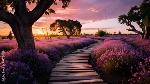 Violet Fields of Lavender, lavender field at sunset, Magical Sunset and Reflection in Serene Meadow with Wildlife 