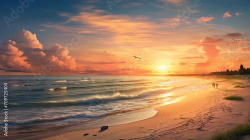a coastal scene with waves gently lapping against the shore, as the sun dips below the horizon, creating a picturesque and tranquil sunset captured in high definition