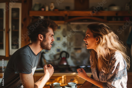 stressed couple arguing at home. Angry feelings, misunderstanding and relationship problems concept