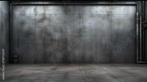 Minimalist Industrial Interior with Metal Wall and Floor. Minimalist industrial interior space featuring a large, imposing metal wall with textures and a concrete floor, exuding a cool, modern vibe.