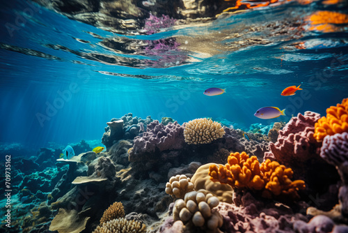 Vivid underwater seascape showcasing tropical fish and colorful coral reef with sunlight filtering through clear blue water