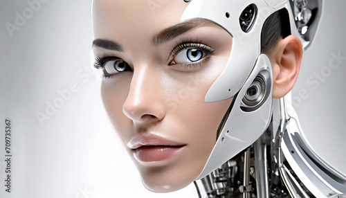 Zblizenie na twarz androida o twarzy pieknej kobiety. AI Generative.