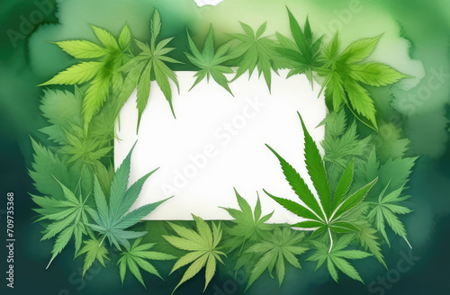 watercolor illustration of marijuana. frame of cannabis leaves with copyspace on green background