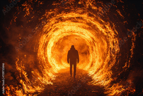 a man stands in the middle of an underground hellfire