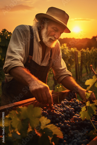 farmer grandfather collects ripe grapes grapes