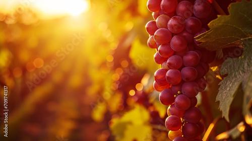 Red grapes in a vinyard close-up during sunset 