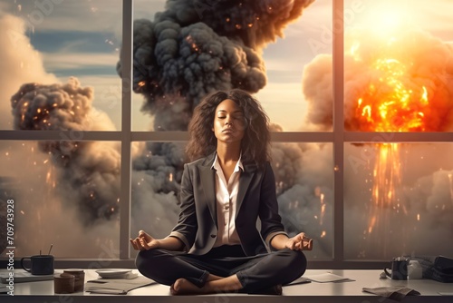 Black woman meditates in office sitting in lotus pose on table. Woman in formal suit at work break against window overlooking explosions and scary fires