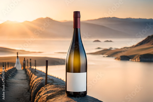 blank labeled wine bottle advertising template , natural landscape background