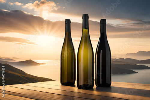 wine bottles display advertising template , natural landscape background