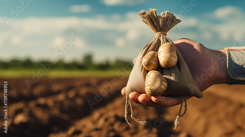 dollar money bad in a hand on freshly watered potato