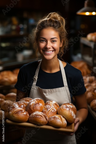 Female bakery owner showcasing her freshly baked goods, Generative AI