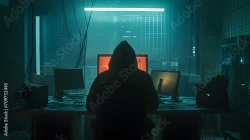 A hacker wearing a hoodie in a room full of computers. Cyber security. Hacking and cracking. Cyber espionage. Cyber threat. The dark web.