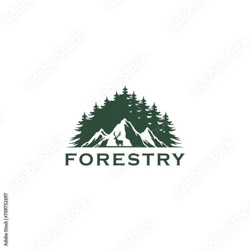 Hand drawn travel badge with pine trees and mountain illustration. Outdoor Camp Adventure Logo Design Vector. 