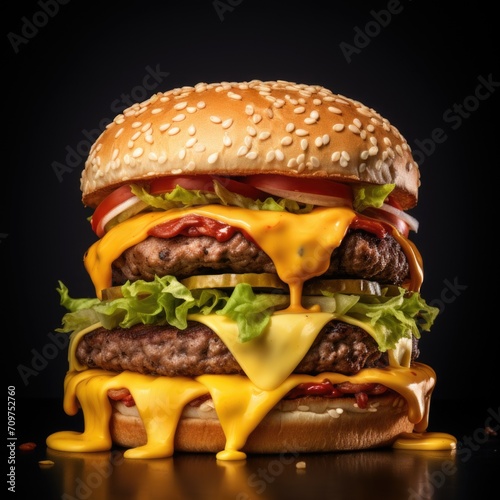 hot cheesy burger with sauce and vegetables on a black background