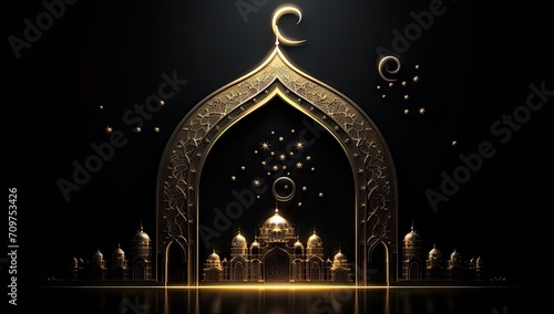 ramadan moon with masjid in arabic script on black background 