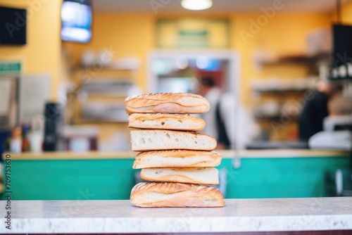 stacked ciabatta loaves in a bakery display