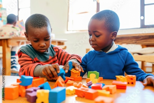 Diverse kids enjoying learning activities with toys indoors