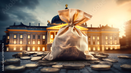 euro money bag and government building.Business and finance concept